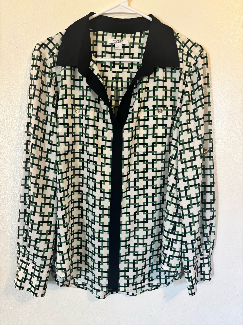 Nautica Geometric Print Button-Up Blouse in Cream, Green & Black Sz L